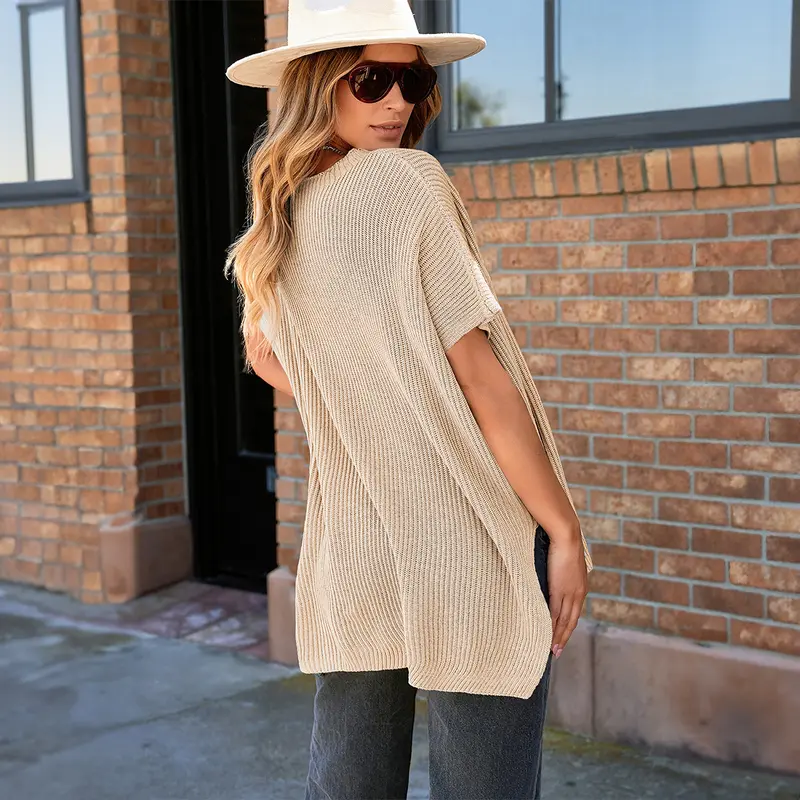 Women's Oversized Solid Knit Pullover Sweater - Puff Short Sleeves, Round Neck & Side Slit
