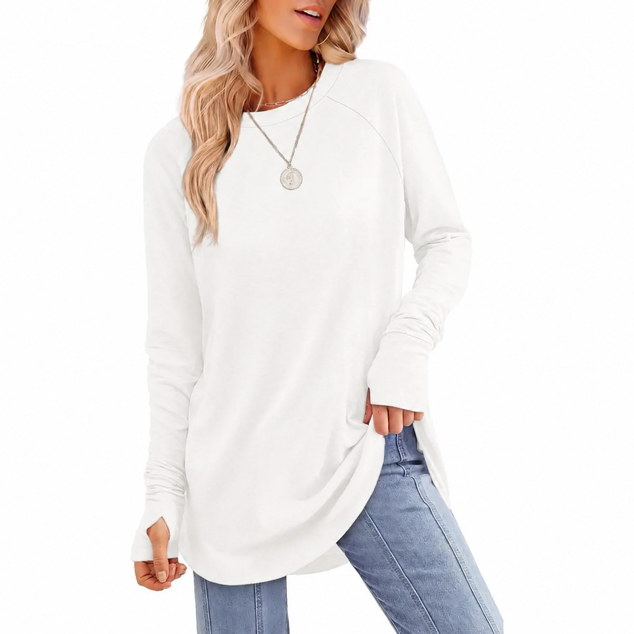 Women's Long Sleeve Tunic Top with Thumb Holes & Curved Hem