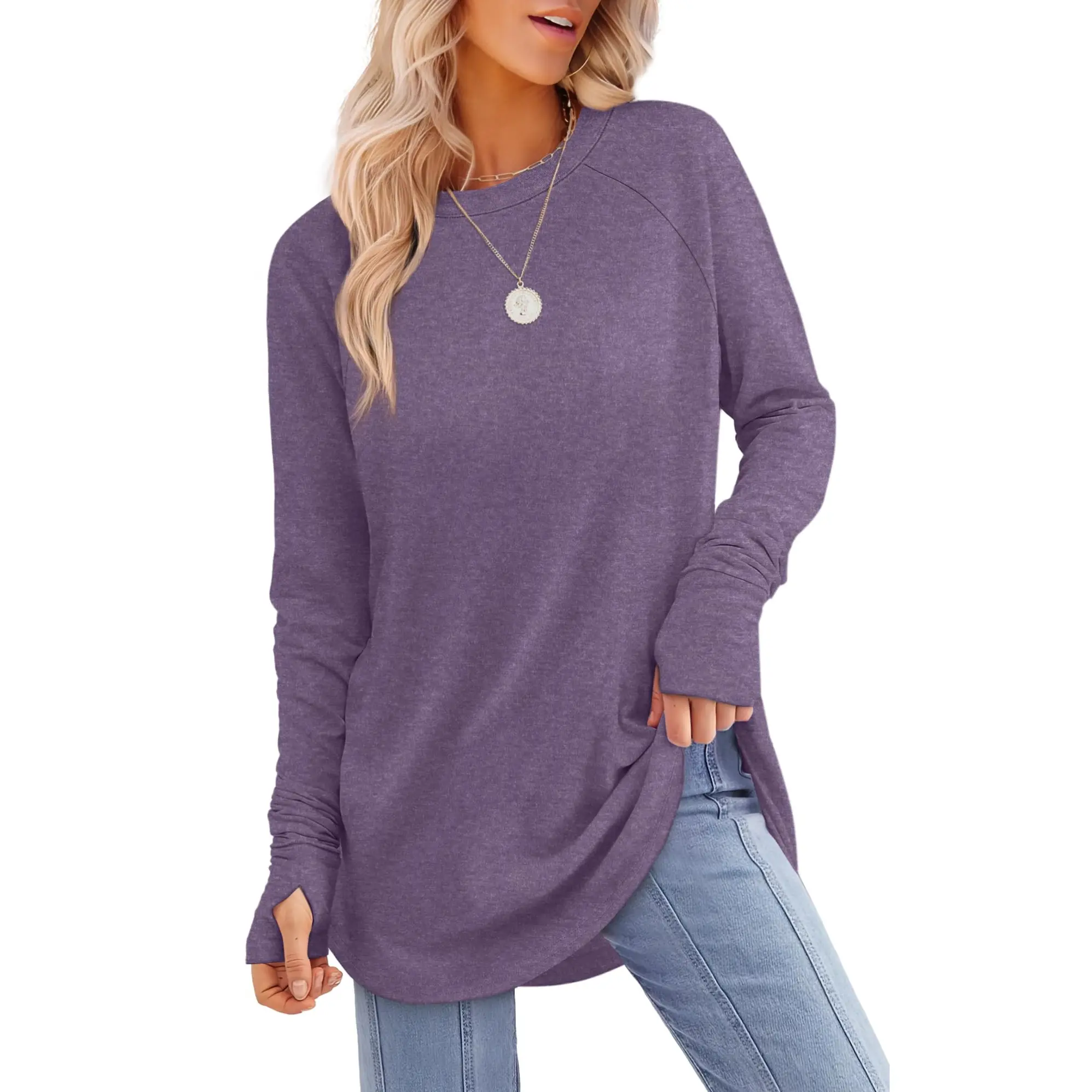 Women's Long Sleeve Tunic Top with Thumb Holes & Curved Hem