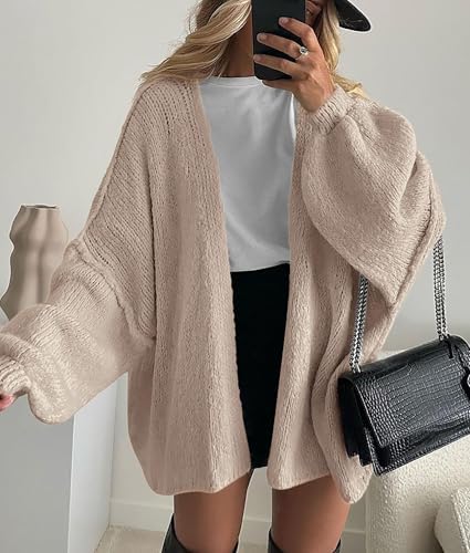 Grey beige cardigan showing the oversized sleeves and open front
