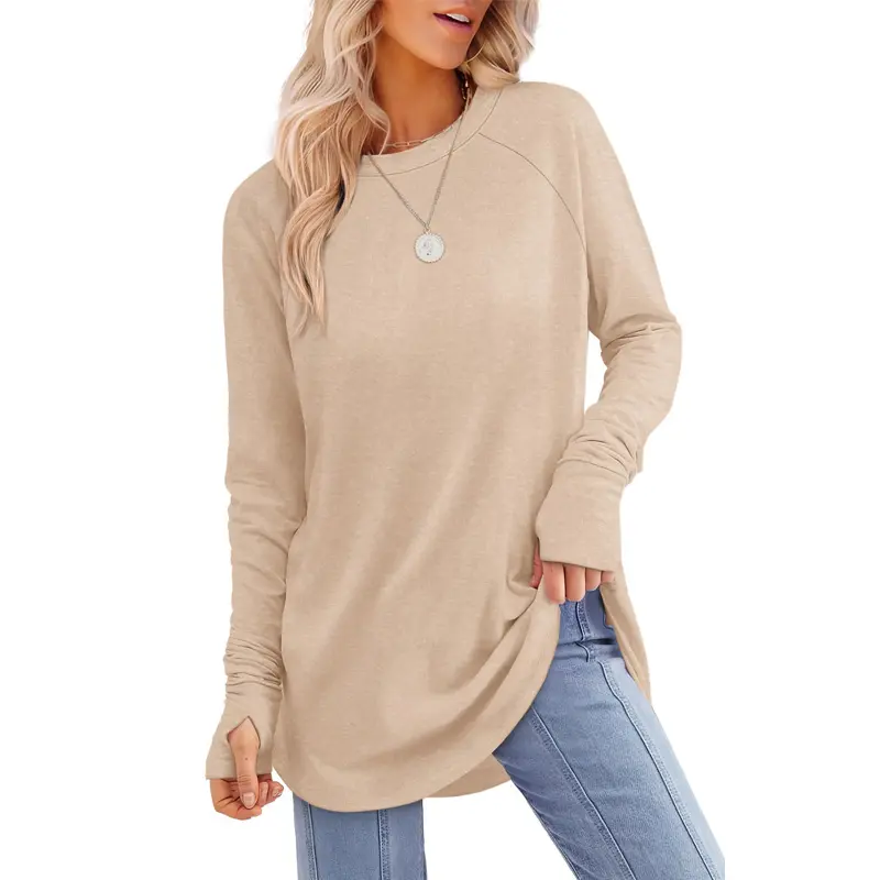 Women's Long Sleeve Tunic Top with Thumb Holes & Curved Hem