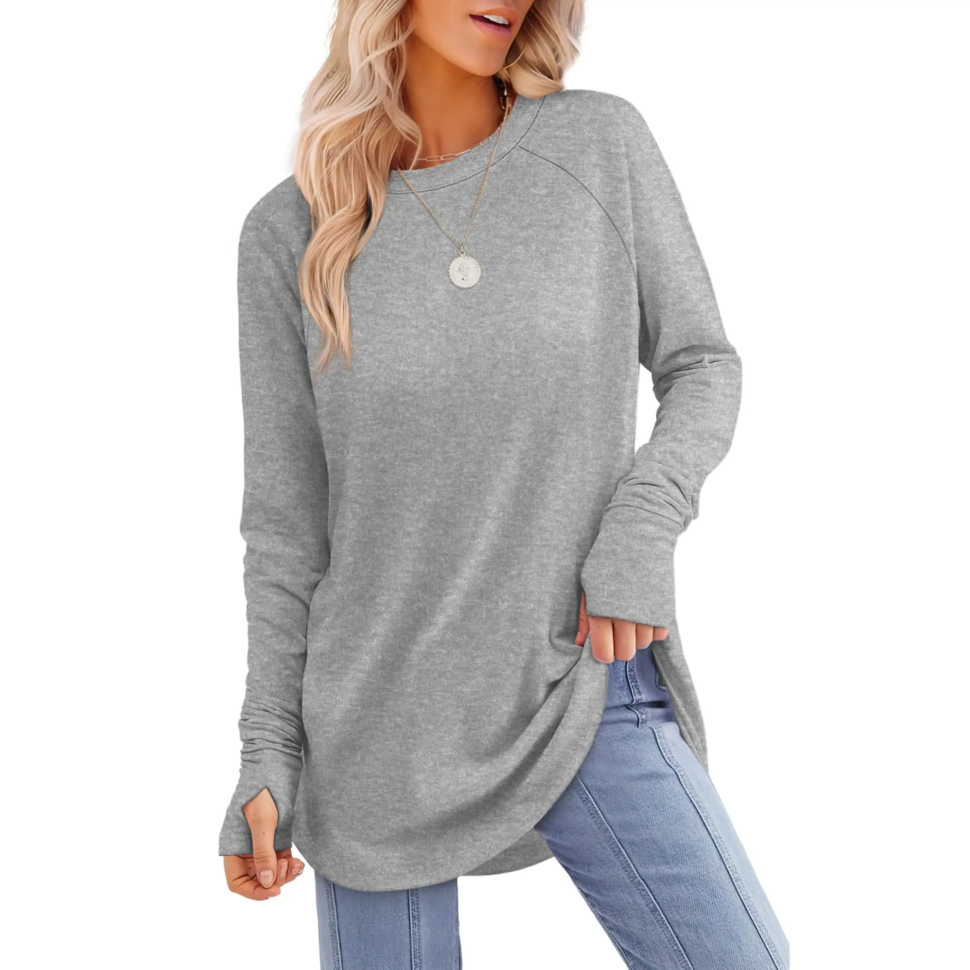 Women's Long Sleeve Tunic Top with Thumb Holes & Curved Hem
