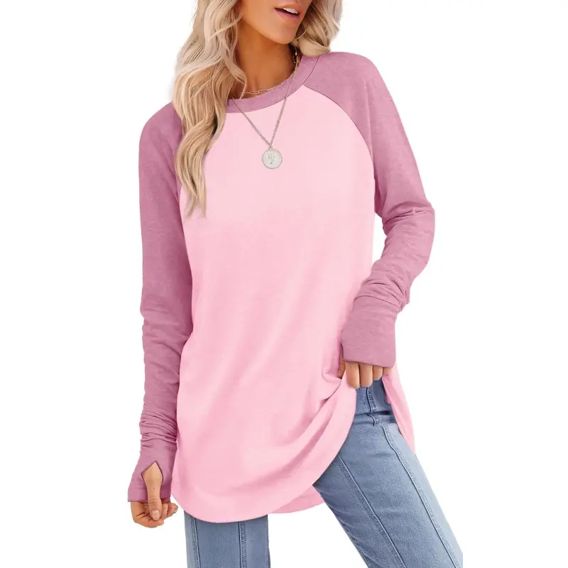 Women's Long Sleeve Tunic Top with Thumb Holes & Curved Hem