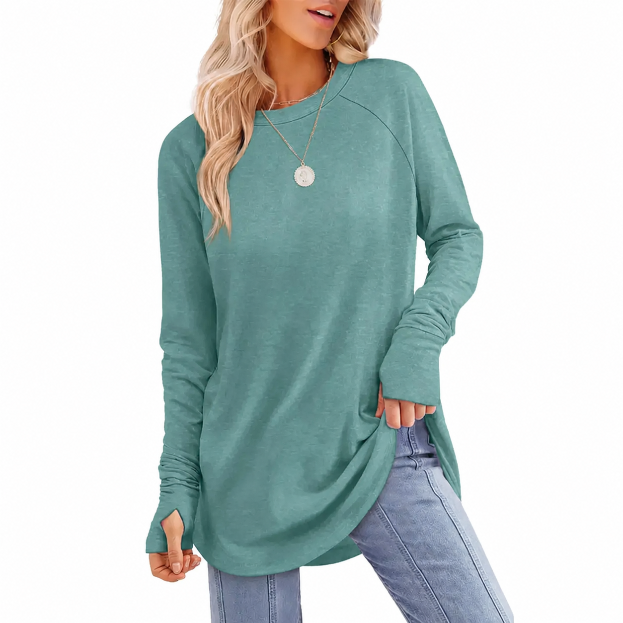 Women's Long Sleeve Tunic Top with Thumb Holes & Curved Hem