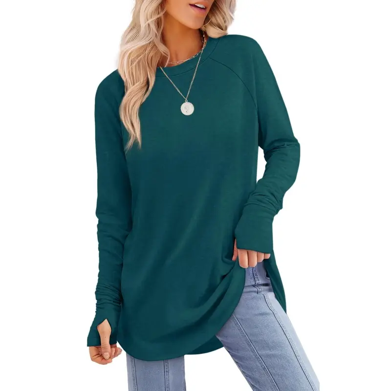 Women's Long Sleeve Tunic Top with Thumb Holes & Curved Hem
