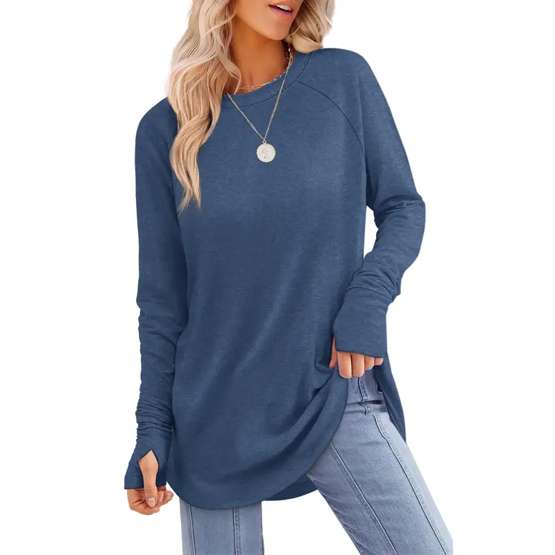 Women's Long Sleeve Tunic Top with Thumb Holes & Curved Hem