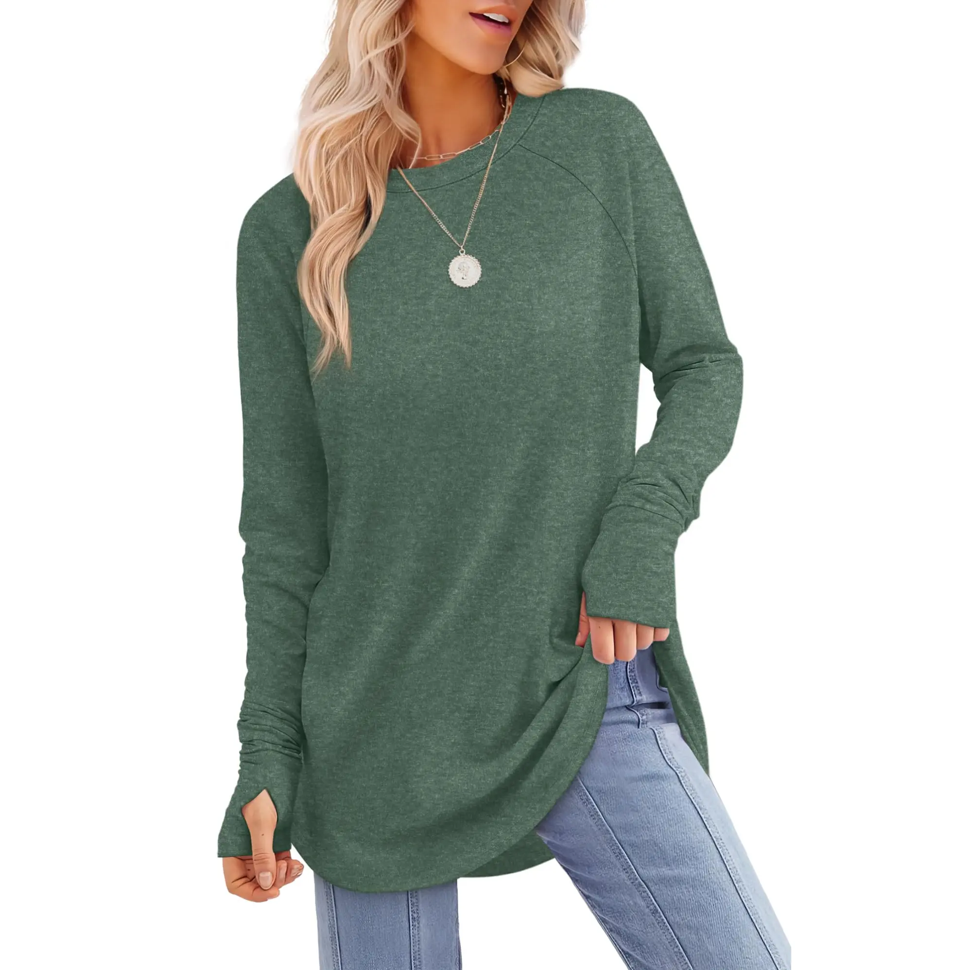 Women's Long Sleeve Tunic Top with Thumb Holes & Curved Hem