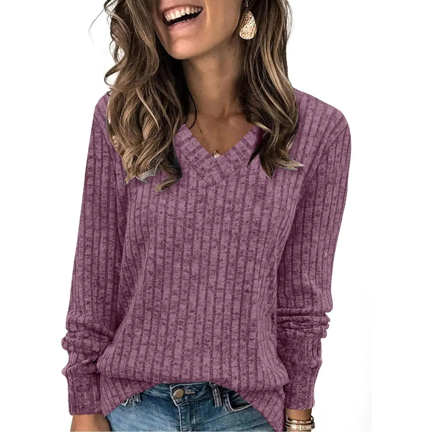 Women's Lightweight V-Neck Knit Tunic Top - Oversized Layering Sweater