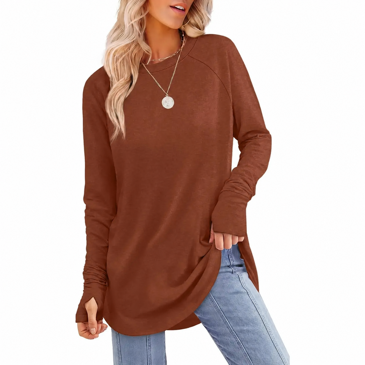 Women's Long Sleeve Tunic Top with Thumb Holes & Curved Hem