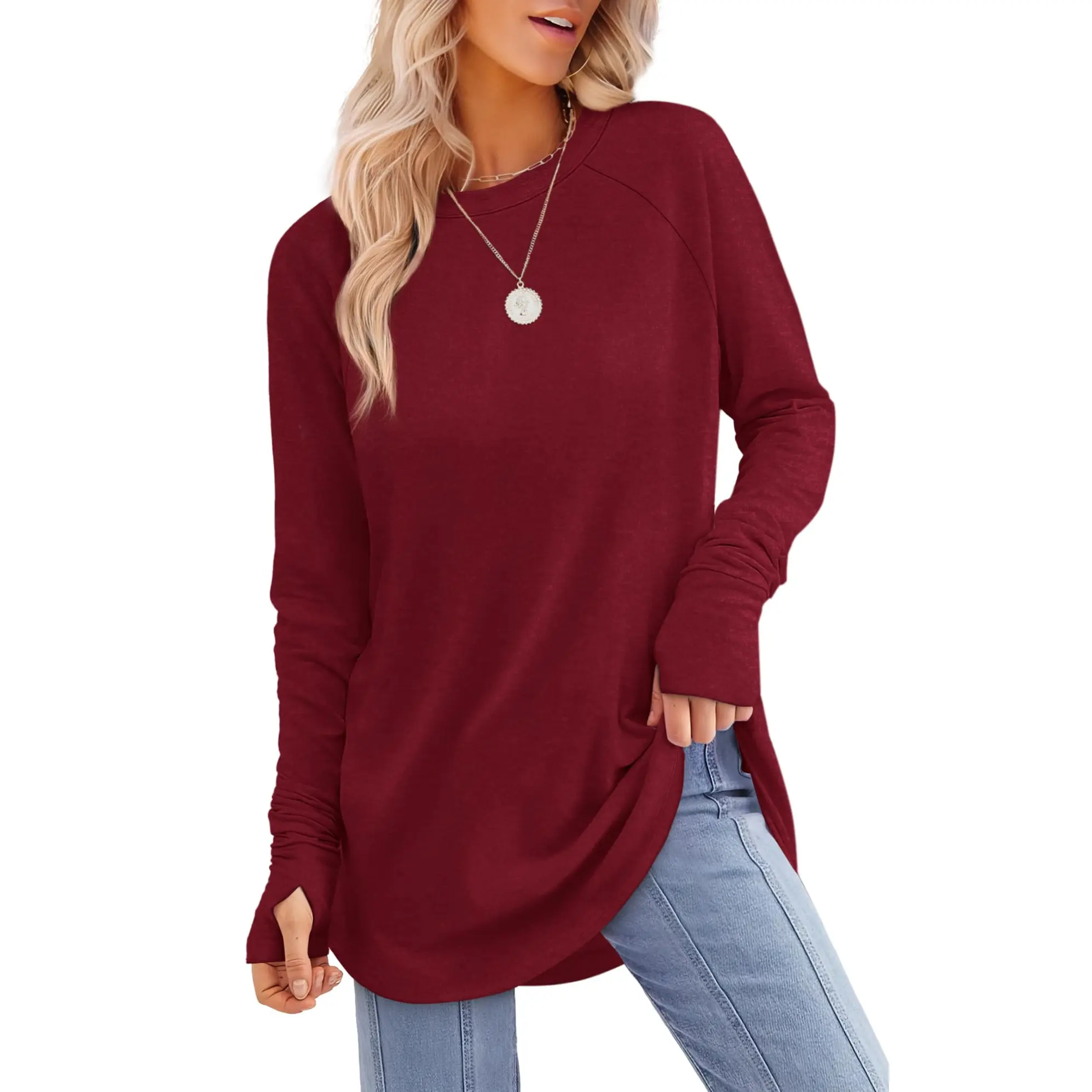 Women's Long Sleeve Tunic Top with Thumb Holes & Curved Hem