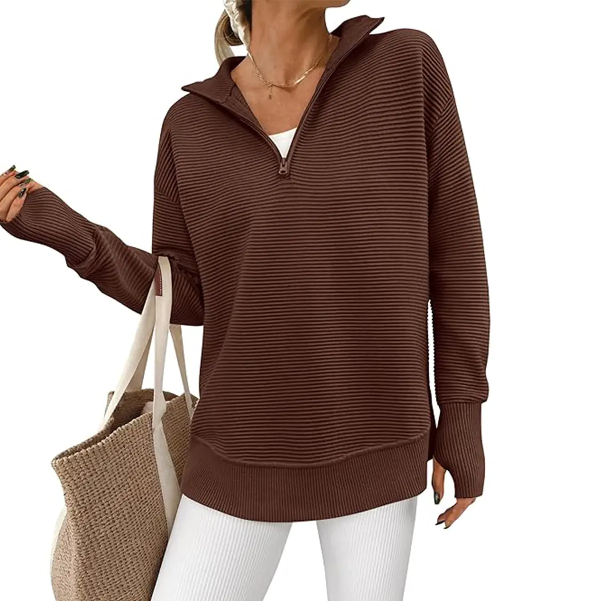 Women's Long Sleeve Quarter-Zip Pullover Sweater - Ribbed Knit V-Neck with Thumb Holes