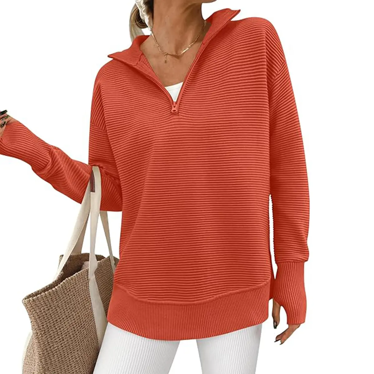 Women's Long Sleeve Quarter-Zip Pullover Sweater - Ribbed Knit V-Neck with Thumb Holes