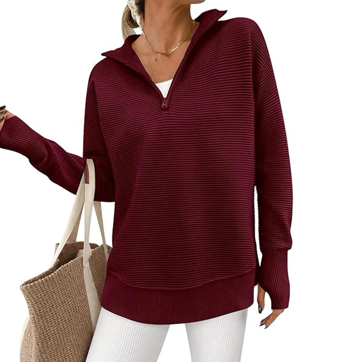 Women's Long Sleeve Quarter-Zip Pullover Sweater - Ribbed Knit V-Neck with Thumb Holes