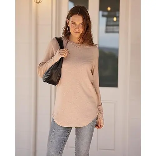 Women's Long Sleeve Tunic Top with Thumb Holes & Curved Hem