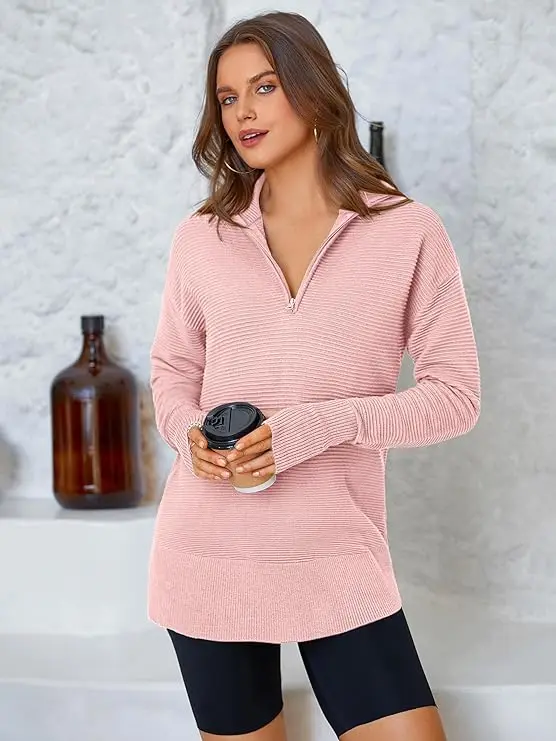 Women's Long Sleeve Quarter-Zip Pullover Sweater - Ribbed Knit V-Neck with Thumb Holes