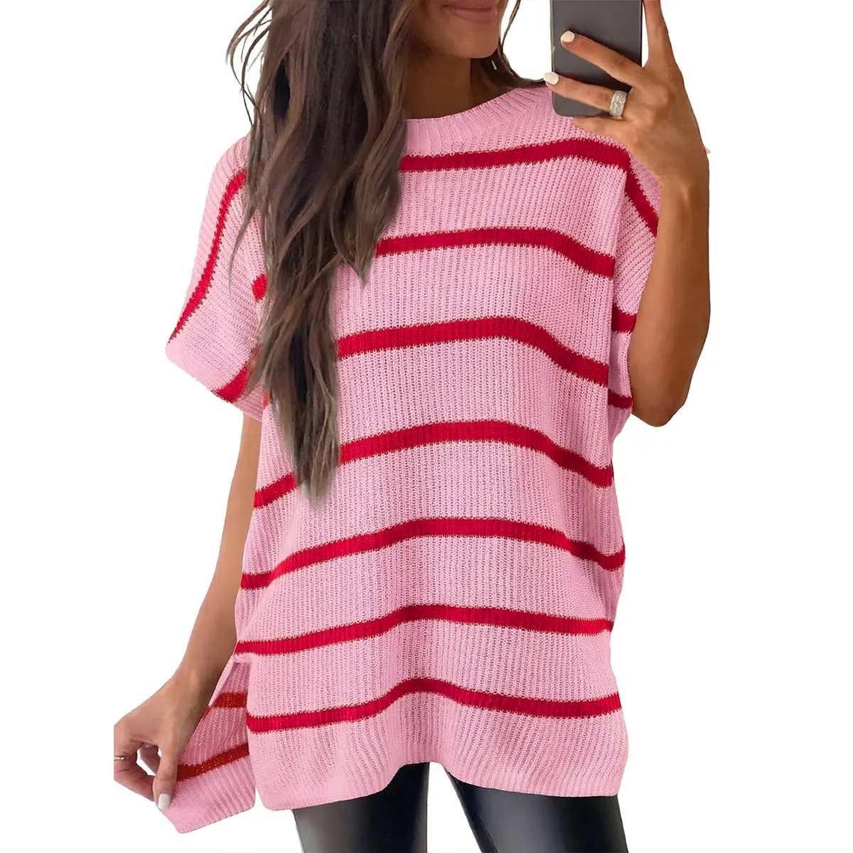 Women's Oversized Solid Knit Pullover Sweater - Puff Short Sleeves, Round Neck & Side Slit