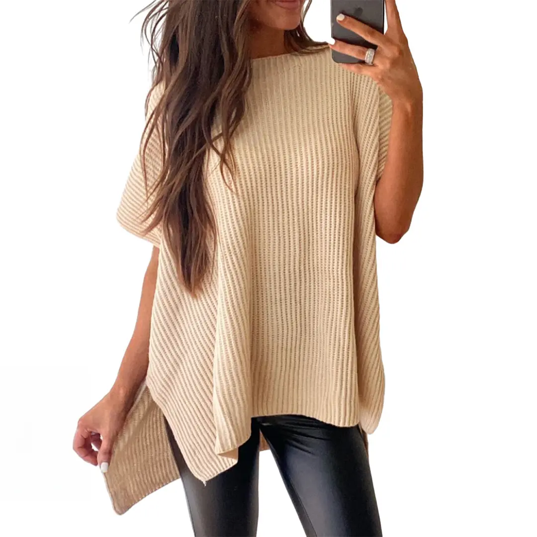 Women's Oversized Solid Knit Pullover Sweater - Puff Short Sleeves, Round Neck & Side Slit
