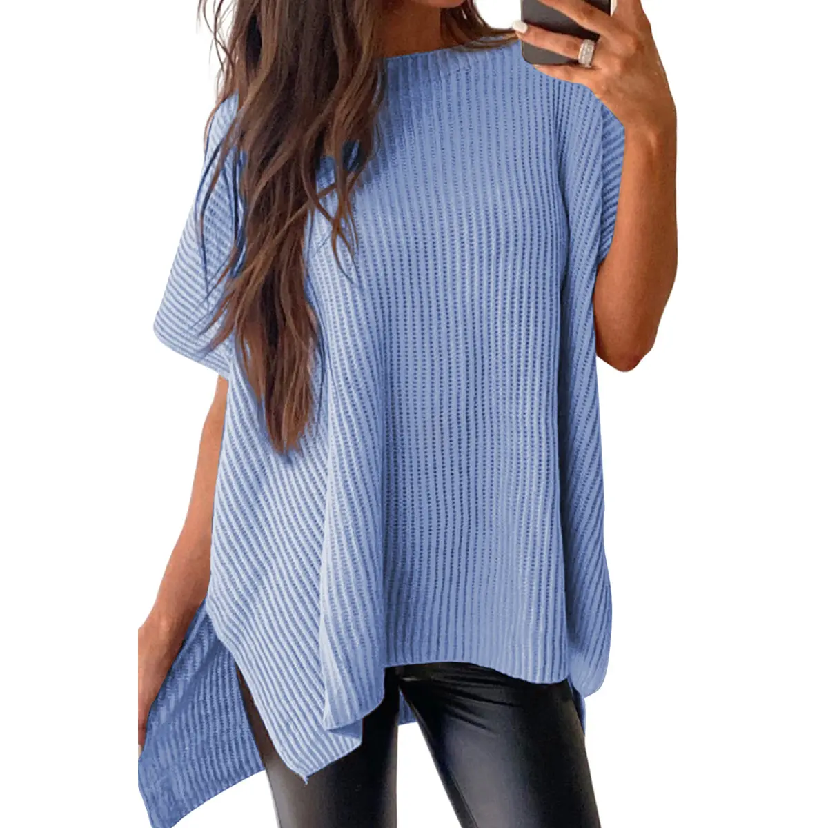Women's Oversized Solid Knit Pullover Sweater - Puff Short Sleeves, Round Neck & Side Slit