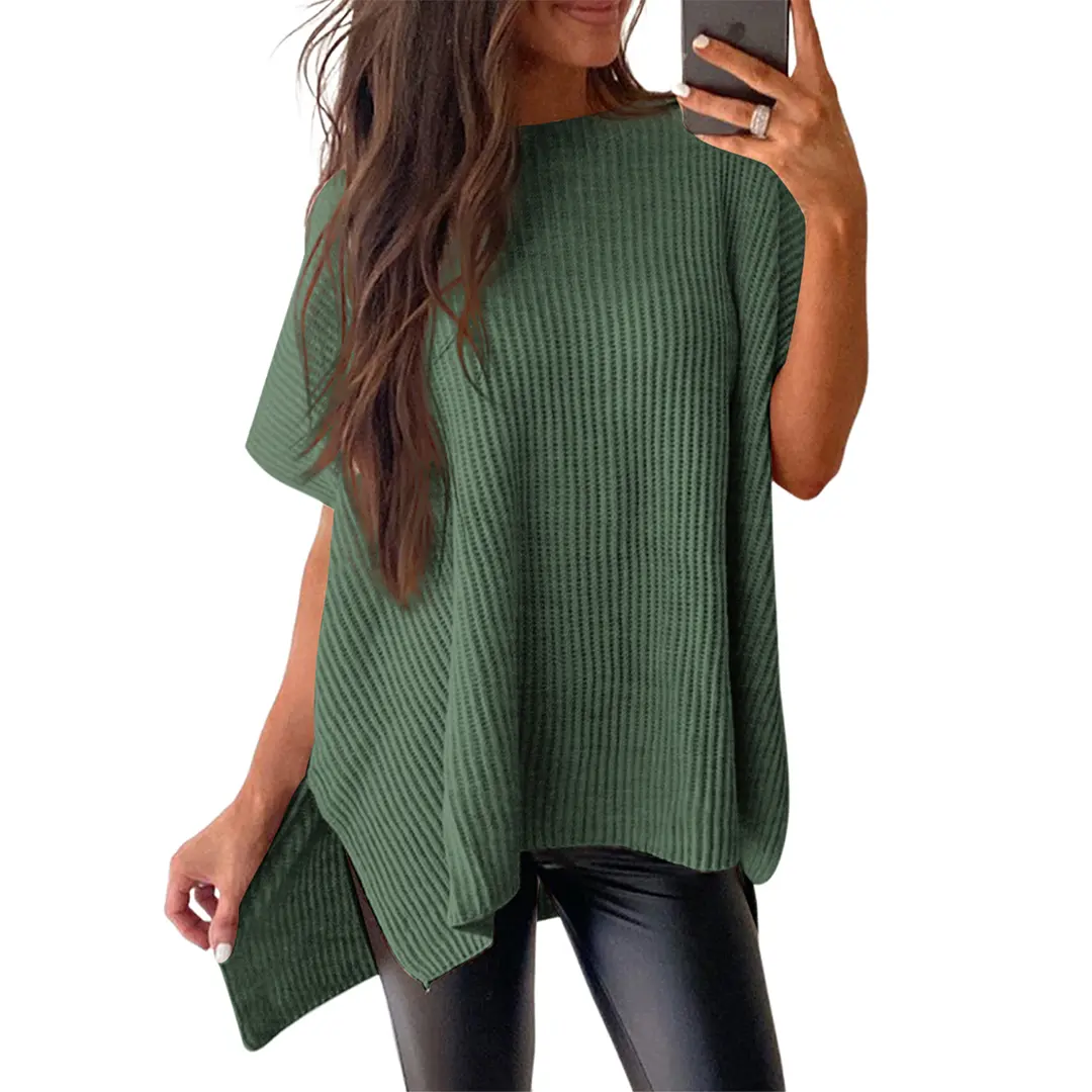 Women's Oversized Solid Knit Pullover Sweater - Puff Short Sleeves, Round Neck & Side Slit