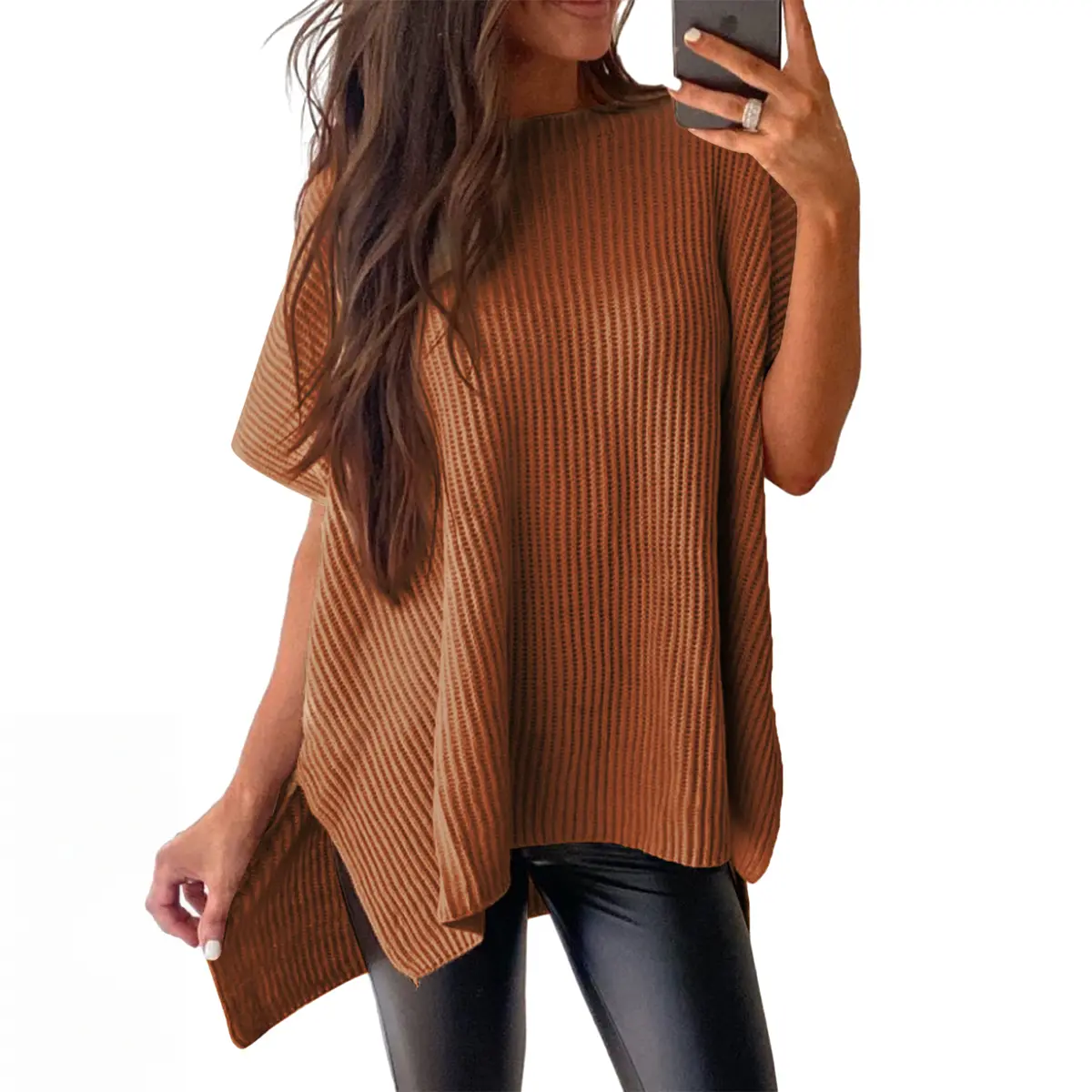 Women's Oversized Solid Knit Pullover Sweater - Puff Short Sleeves, Round Neck & Side Slit