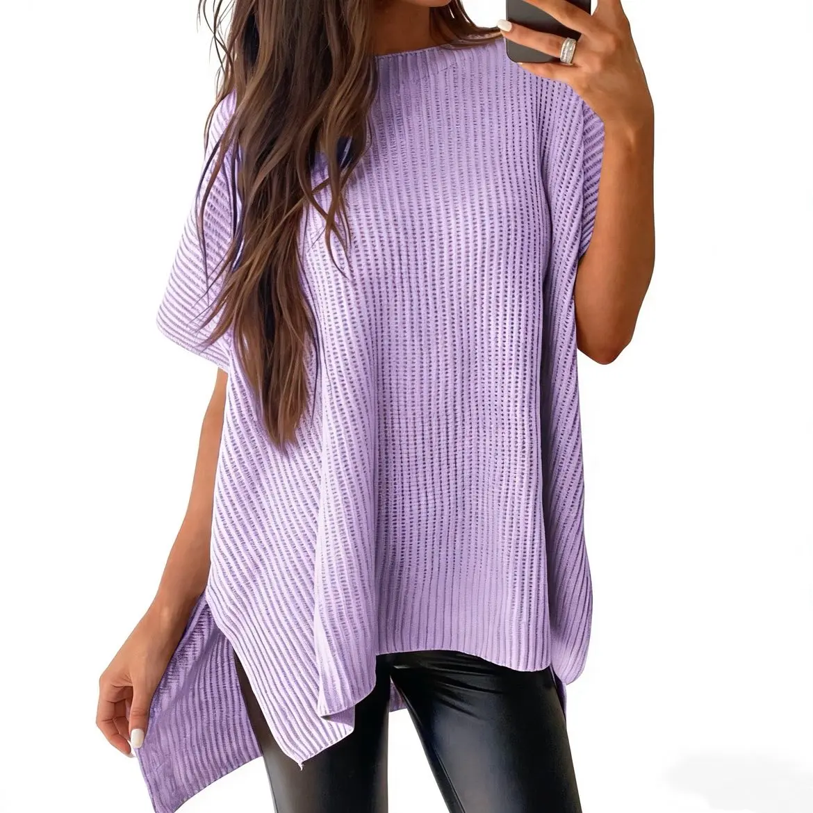 Women's Oversized Solid Knit Pullover Sweater - Puff Short Sleeves, Round Neck & Side Slit