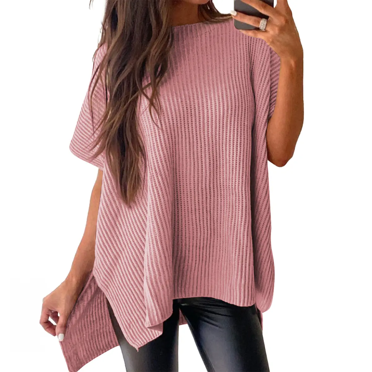 Women's Oversized Solid Knit Pullover Sweater - Puff Short Sleeves, Round Neck & Side Slit