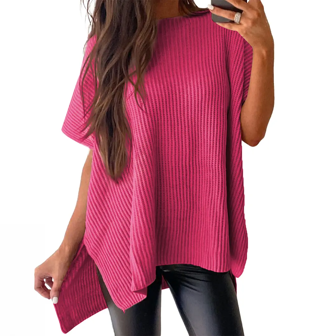 Women's Oversized Solid Knit Pullover Sweater - Puff Short Sleeves, Round Neck & Side Slit