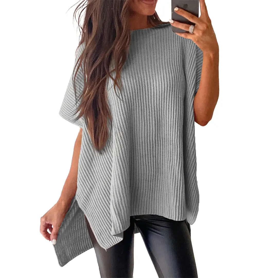 Women's Oversized Solid Knit Pullover Sweater - Puff Short Sleeves, Round Neck & Side Slit