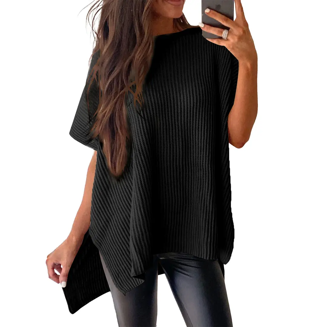 Women's Oversized Solid Knit Pullover Sweater - Puff Short Sleeves, Round Neck & Side Slit