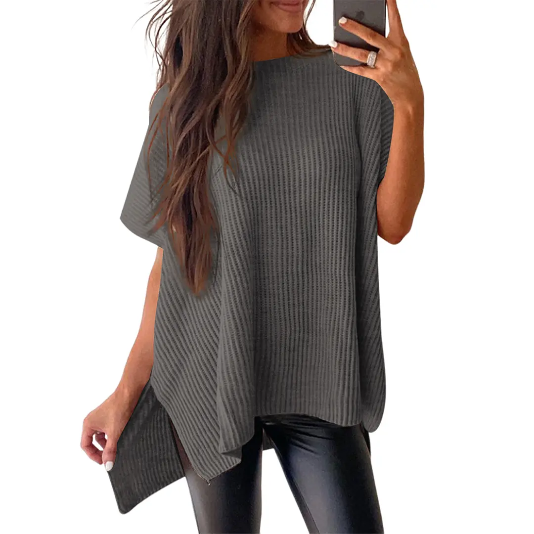Women's Oversized Solid Knit Pullover Sweater - Puff Short Sleeves, Round Neck & Side Slit