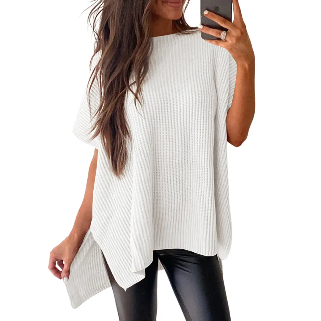 Women's Oversized Solid Knit Pullover Sweater - Puff Short Sleeves, Round Neck & Side Slit