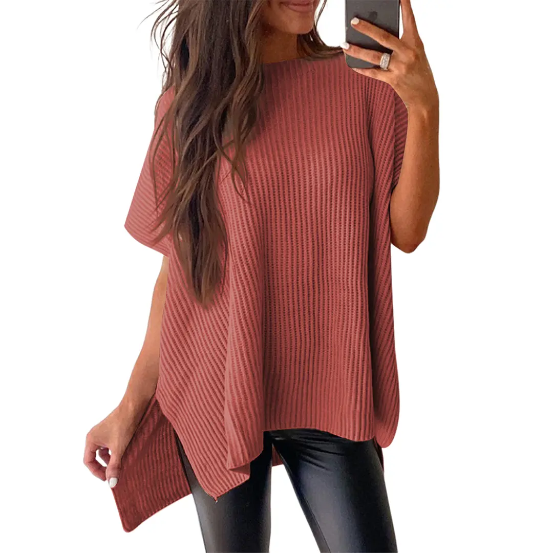Women's Oversized Solid Knit Pullover Sweater - Puff Short Sleeves, Round Neck & Side Slit