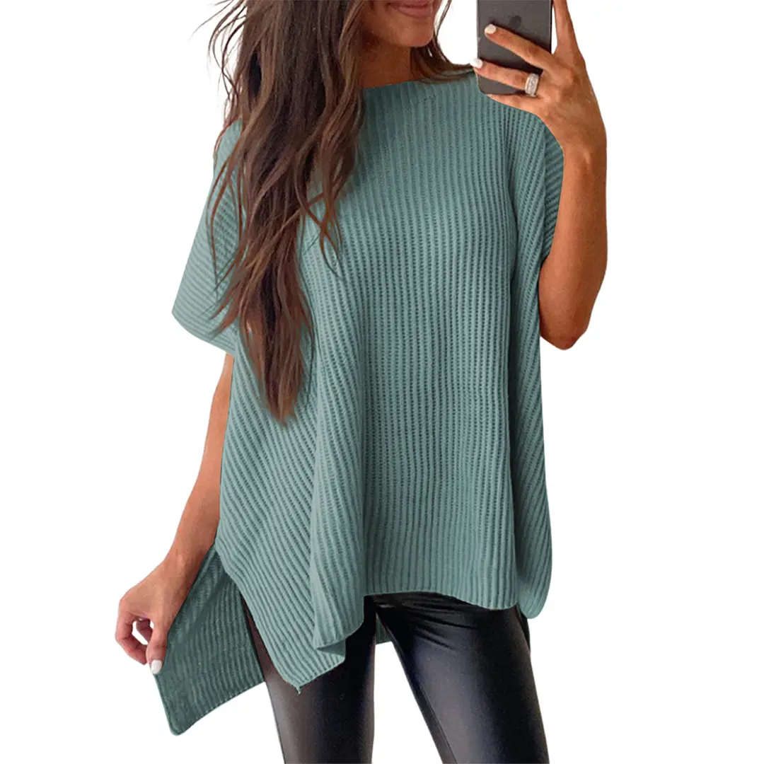 Women's Oversized Solid Knit Pullover Sweater - Puff Short Sleeves, Round Neck & Side Slit