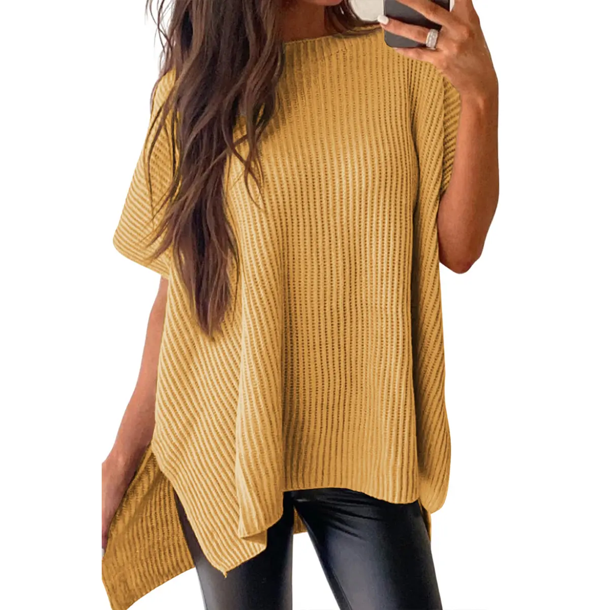 Women's Oversized Solid Knit Pullover Sweater - Puff Short Sleeves, Round Neck & Side Slit