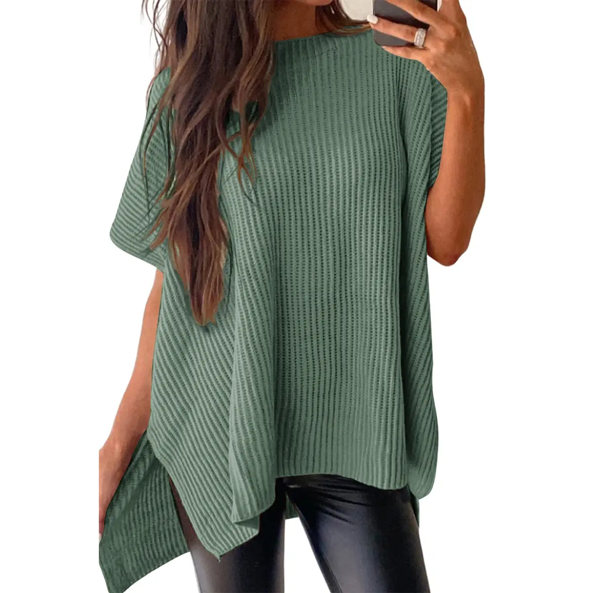 Women's Oversized Solid Knit Pullover Sweater - Puff Short Sleeves, Round Neck & Side Slit