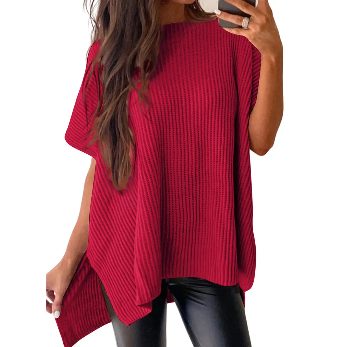 Women's Oversized Solid Knit Pullover Sweater - Puff Short Sleeves, Round Neck & Side Slit