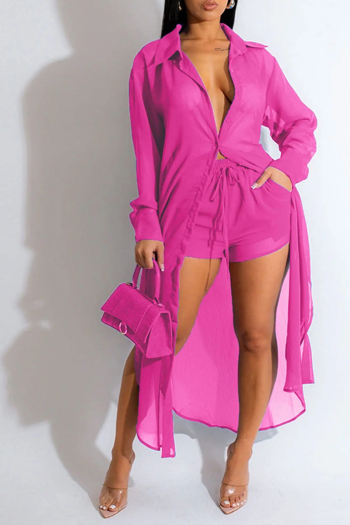 Hot Pink lightweight button-front shirt and matching shorts set