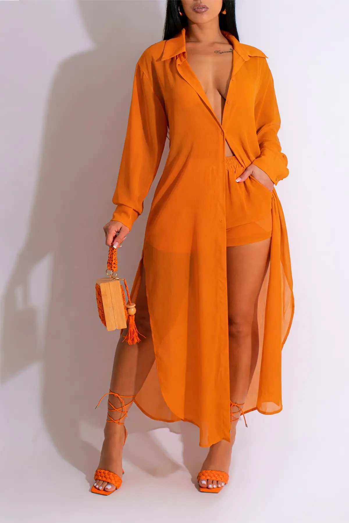 Orange lightweight button-front shirt and matching shorts set