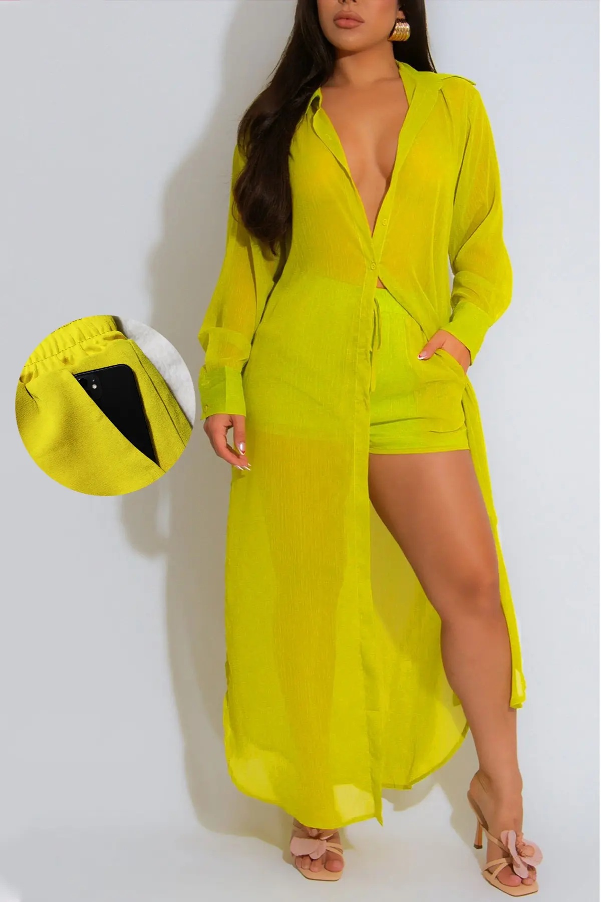 Yellow lightweight button-front shirt and matching shorts set