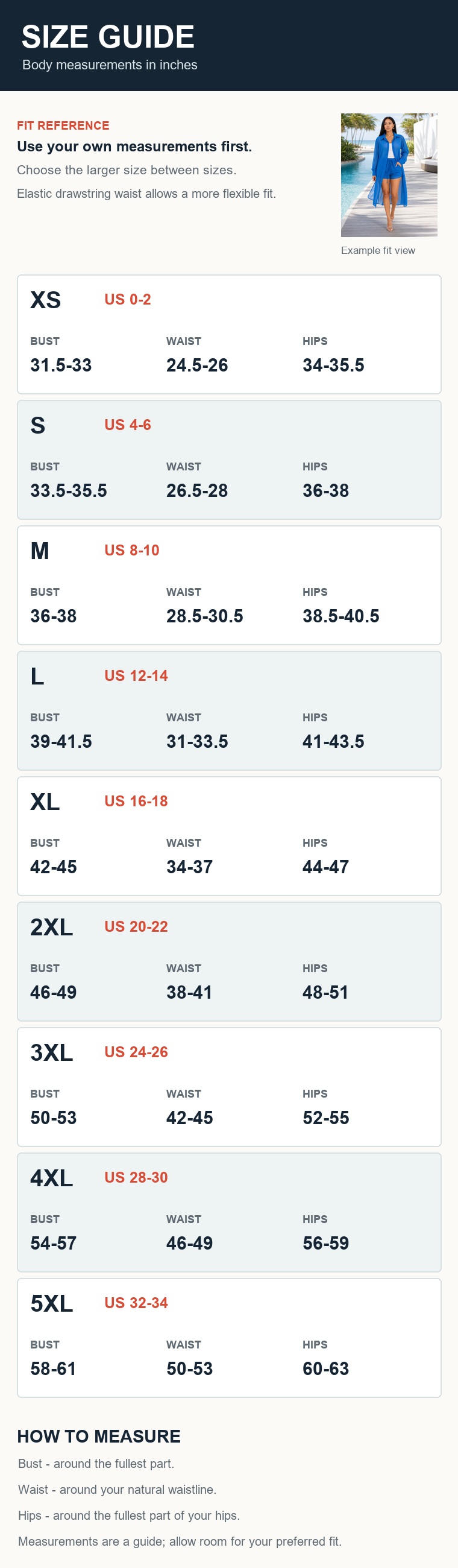 Mobile size guide with model fit reference and US sizes XS through 5XL