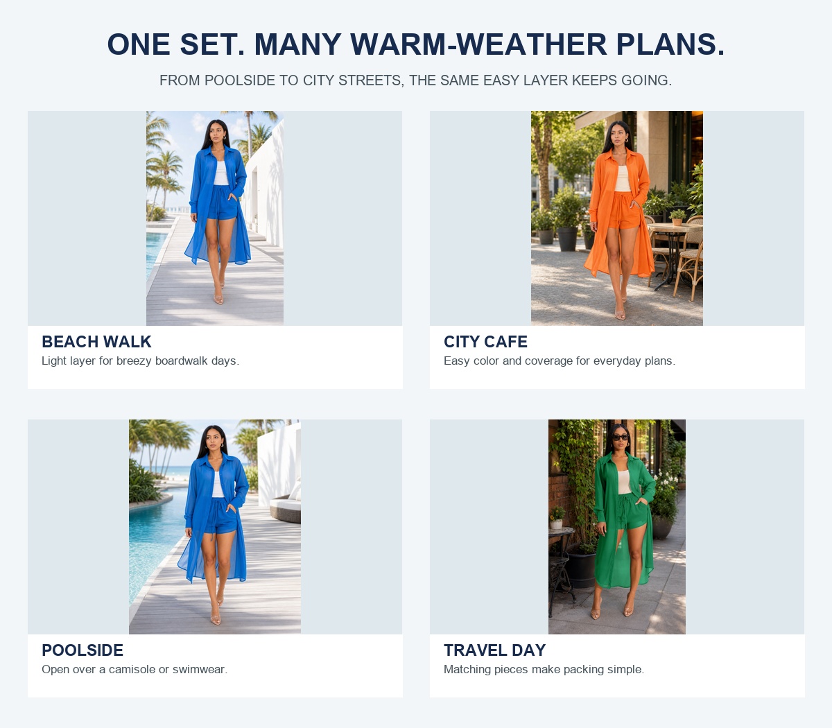 Four-panel lifestyle board showing the matching set for a beach walk, city cafe, poolside and travel day
