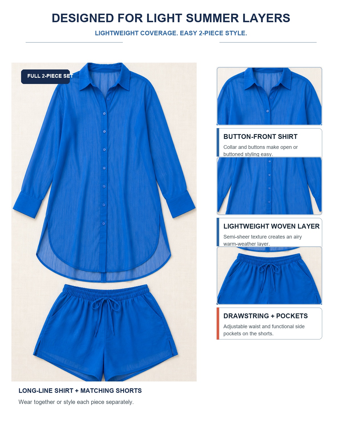 Technical product board showing the complete blue two-piece set with close-ups of the collar, buttons, lightweight woven layer, drawstring and pockets