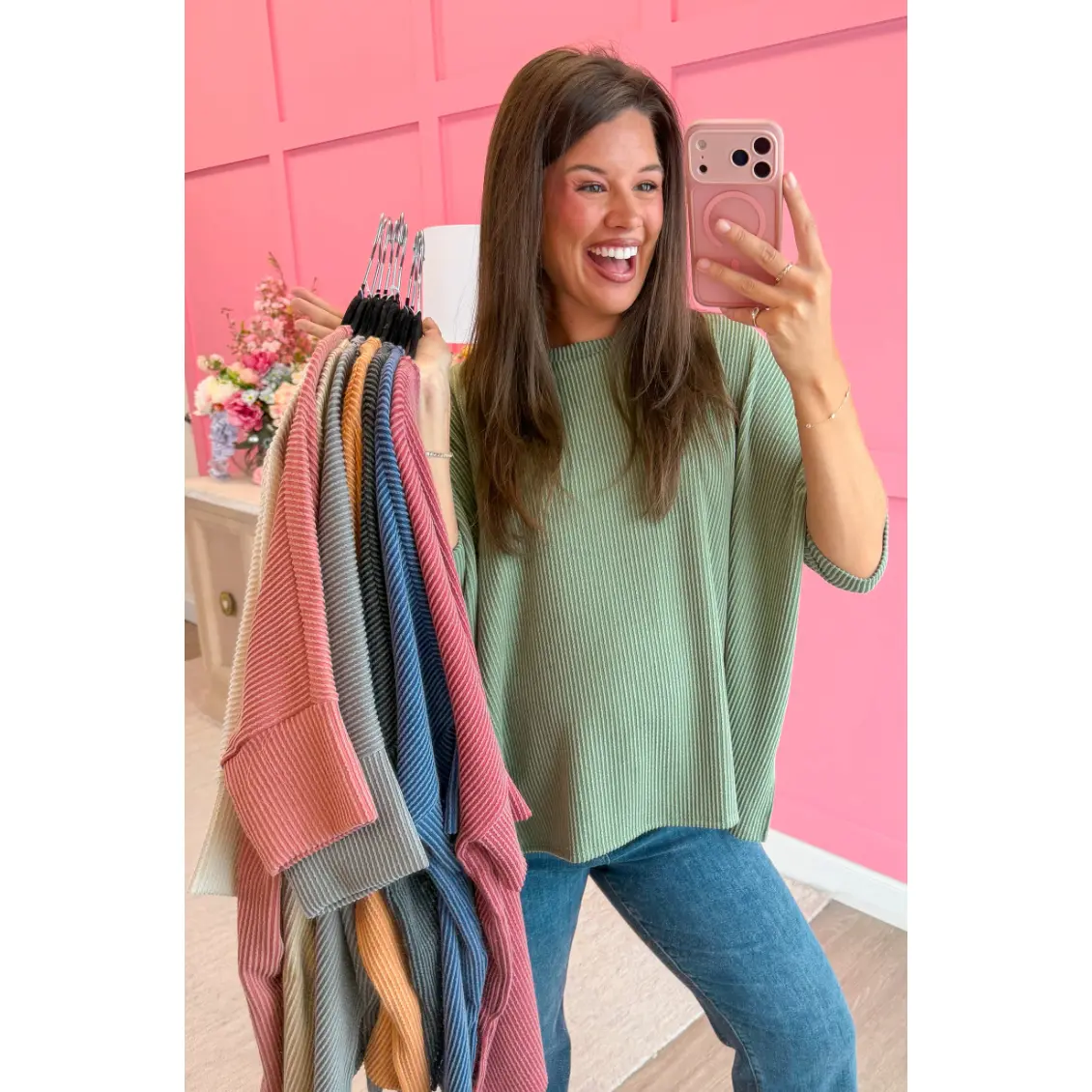Women's Raised Rib Dolman Sleeve Top - Oversized Flowing Fit with Side Slits