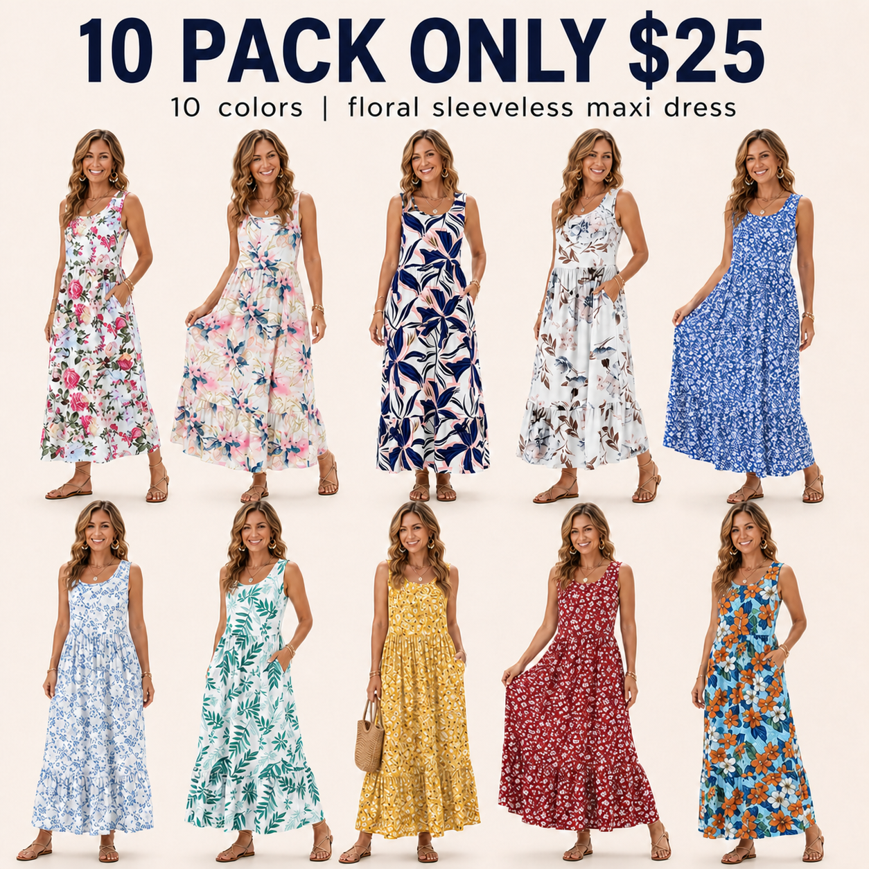 10-pack floral sleeveless maxi dresses showing all ten complete colors