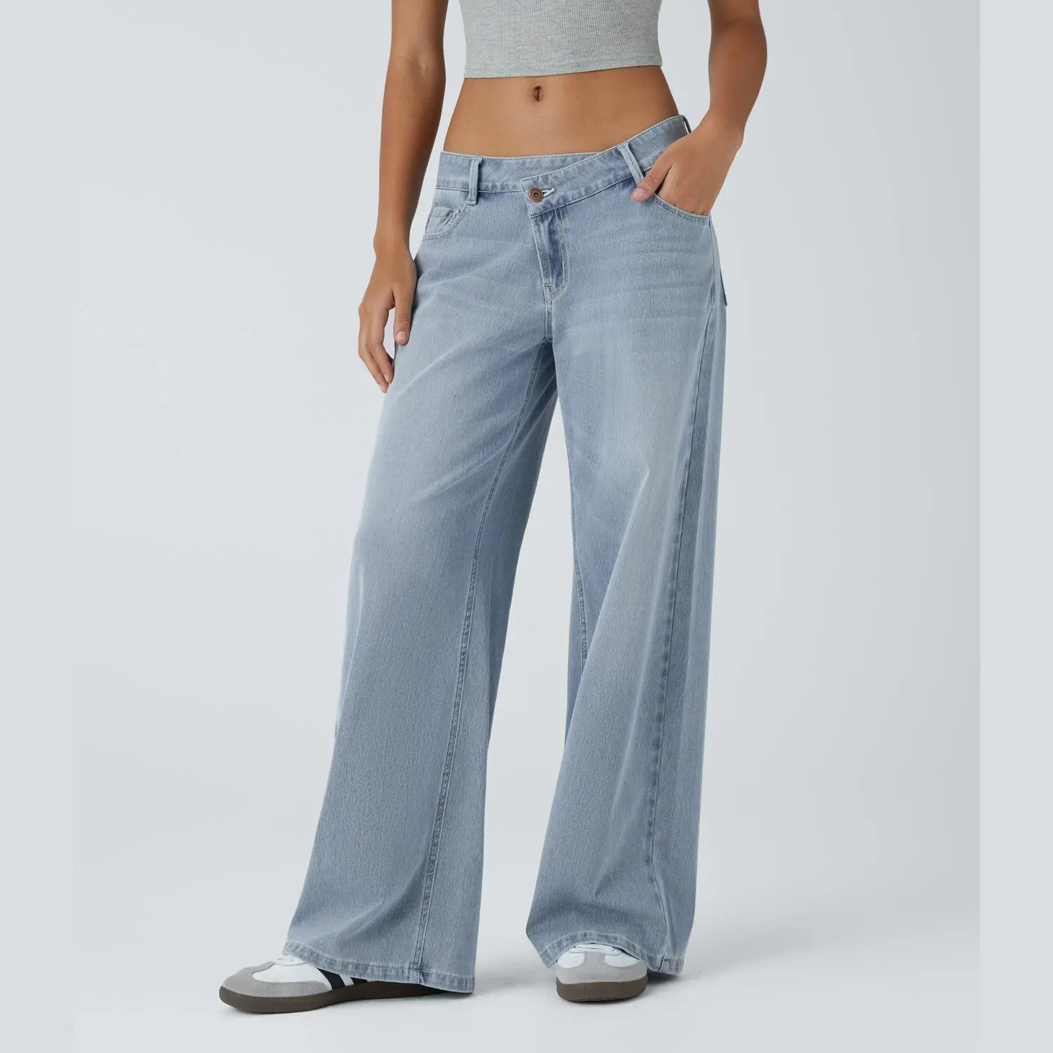 Asymmetric low-rise wide-leg jeans front view