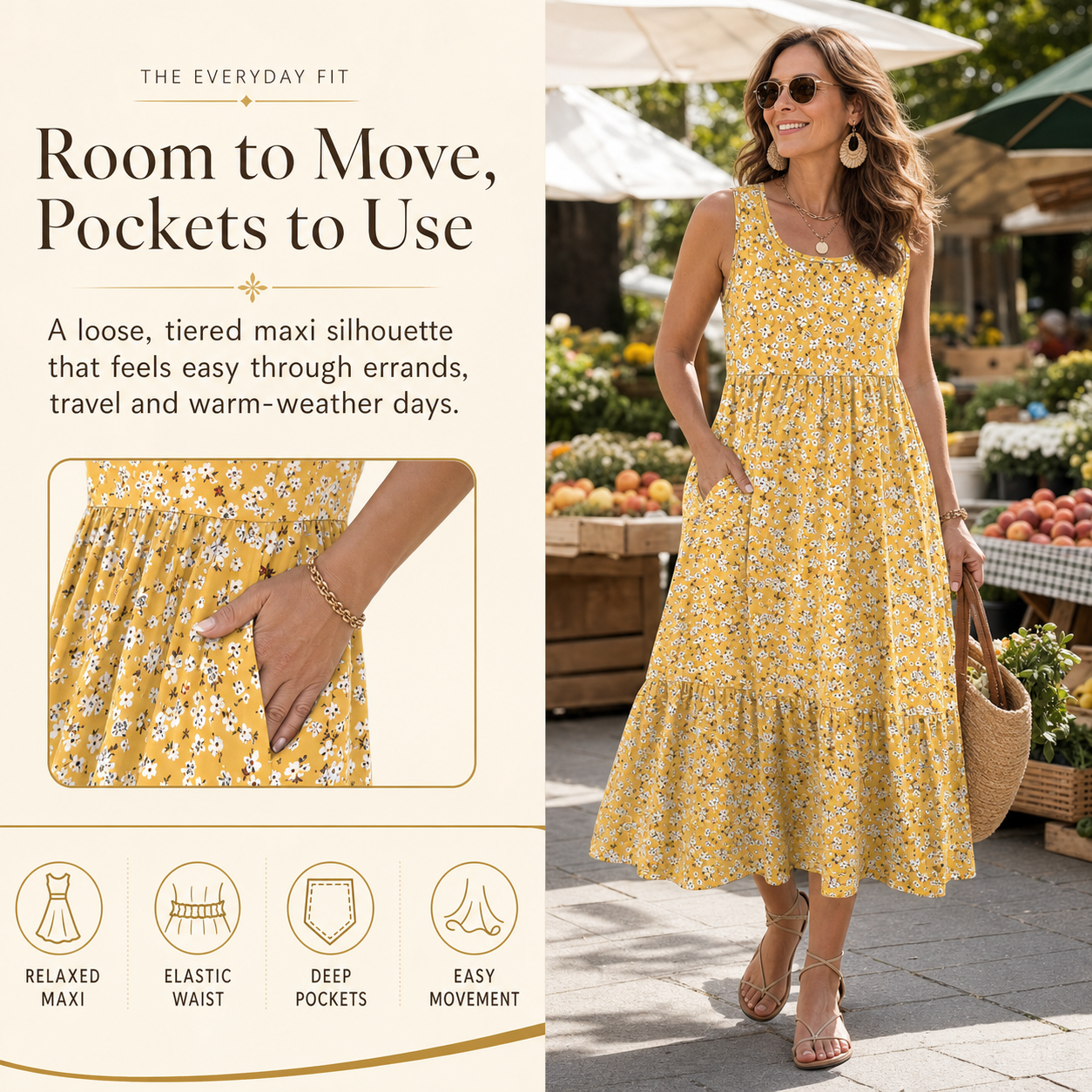 Women's floral maxi dress with relaxed tiered fit and deep side pockets