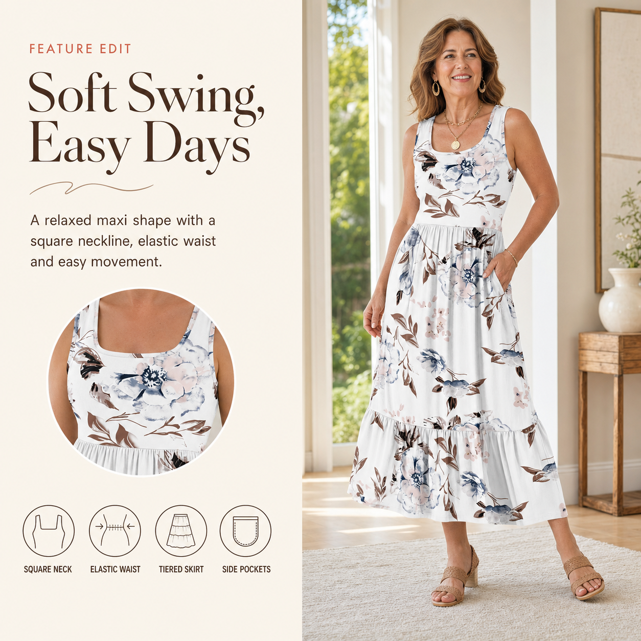 Women's square-neck floral maxi dress with elastic waist and tiered skirt