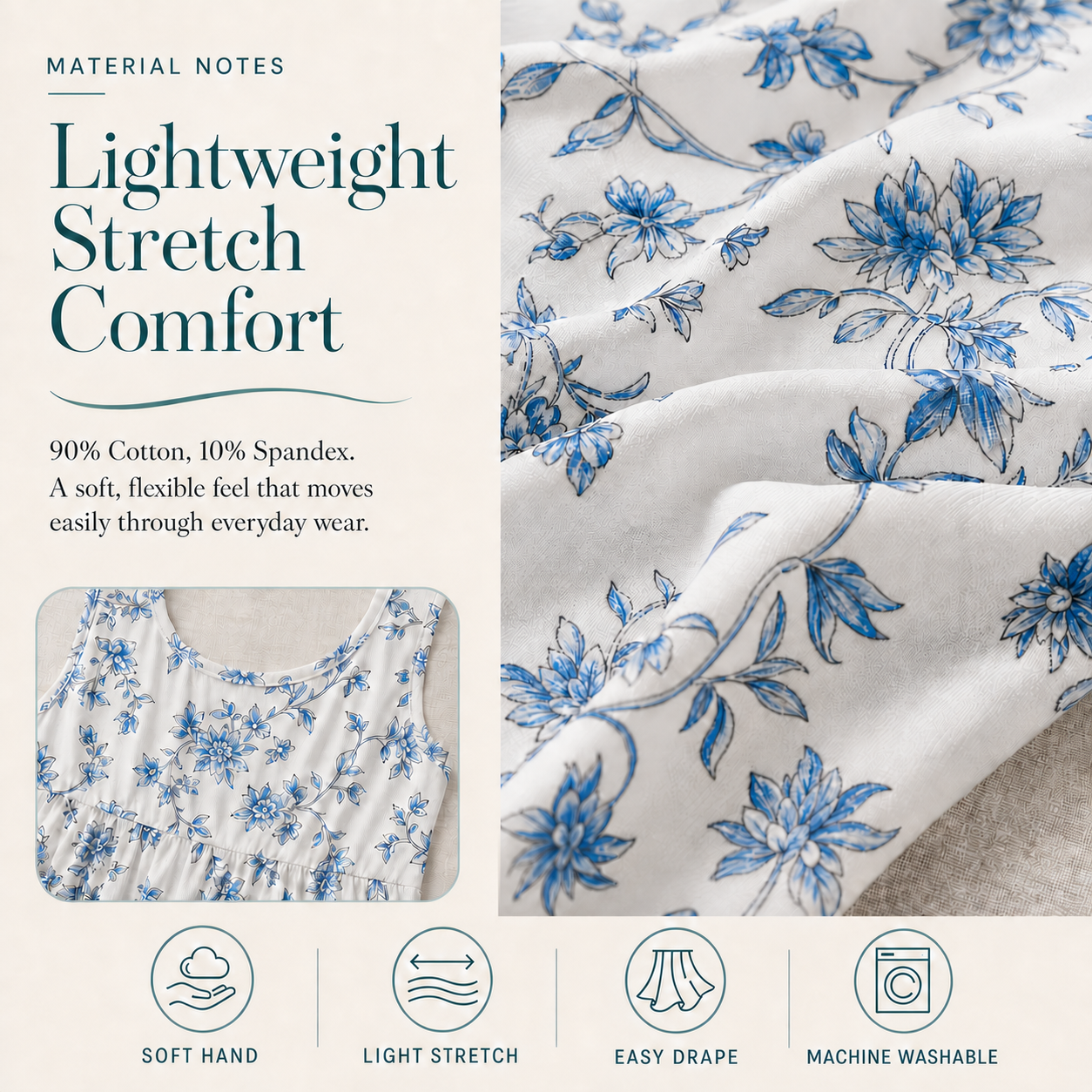 90 percent cotton and 10 percent spandex floral dress fabric details