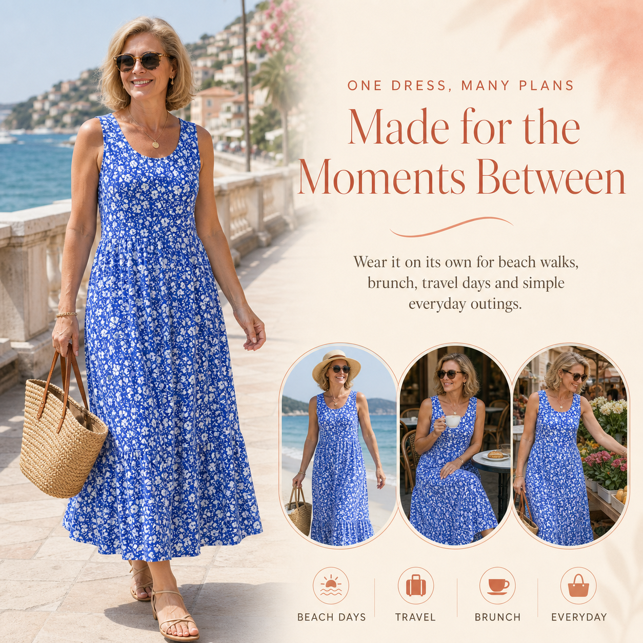 Women's sleeveless floral maxi dress styled for beach travel and brunch