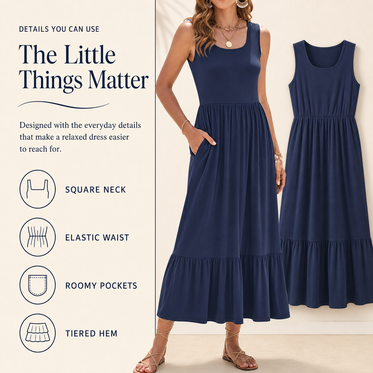 Women's maxi dress square neck elastic waist pockets and tiered hem details